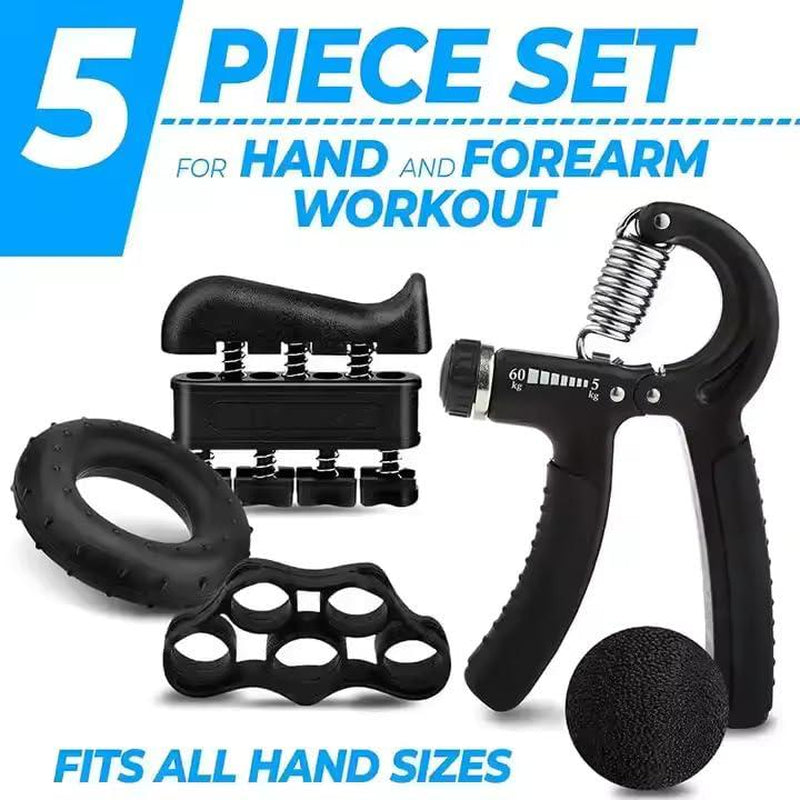 Hand Grip Strengthener Workout Kit, 5 Pack, Adjustable Resistance Grips and Stress Balls, Black,11-132Lb