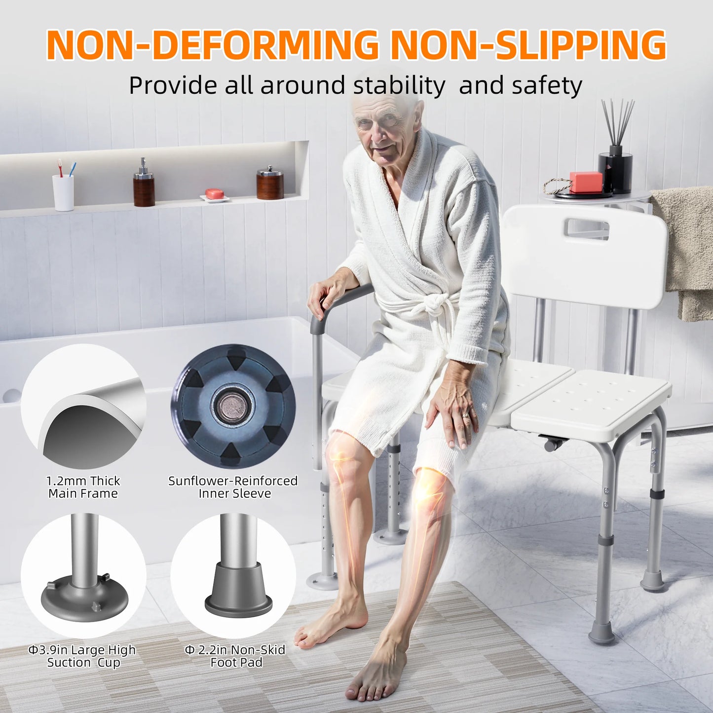 Shower Transfer Bench for Bathtub 500Lbs, FSA/HSA Eligible Tub Bath Shower Chair Seat, Height Adjustable Shower Stool for Elderly, Disabled, White