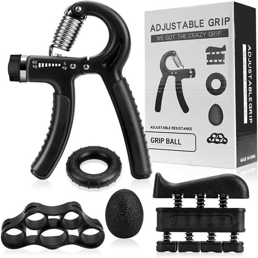Hand Grip Strengthener Workout Kit, 5 Pack, Adjustable Resistance Grips and Stress Balls, Black,11-132Lb