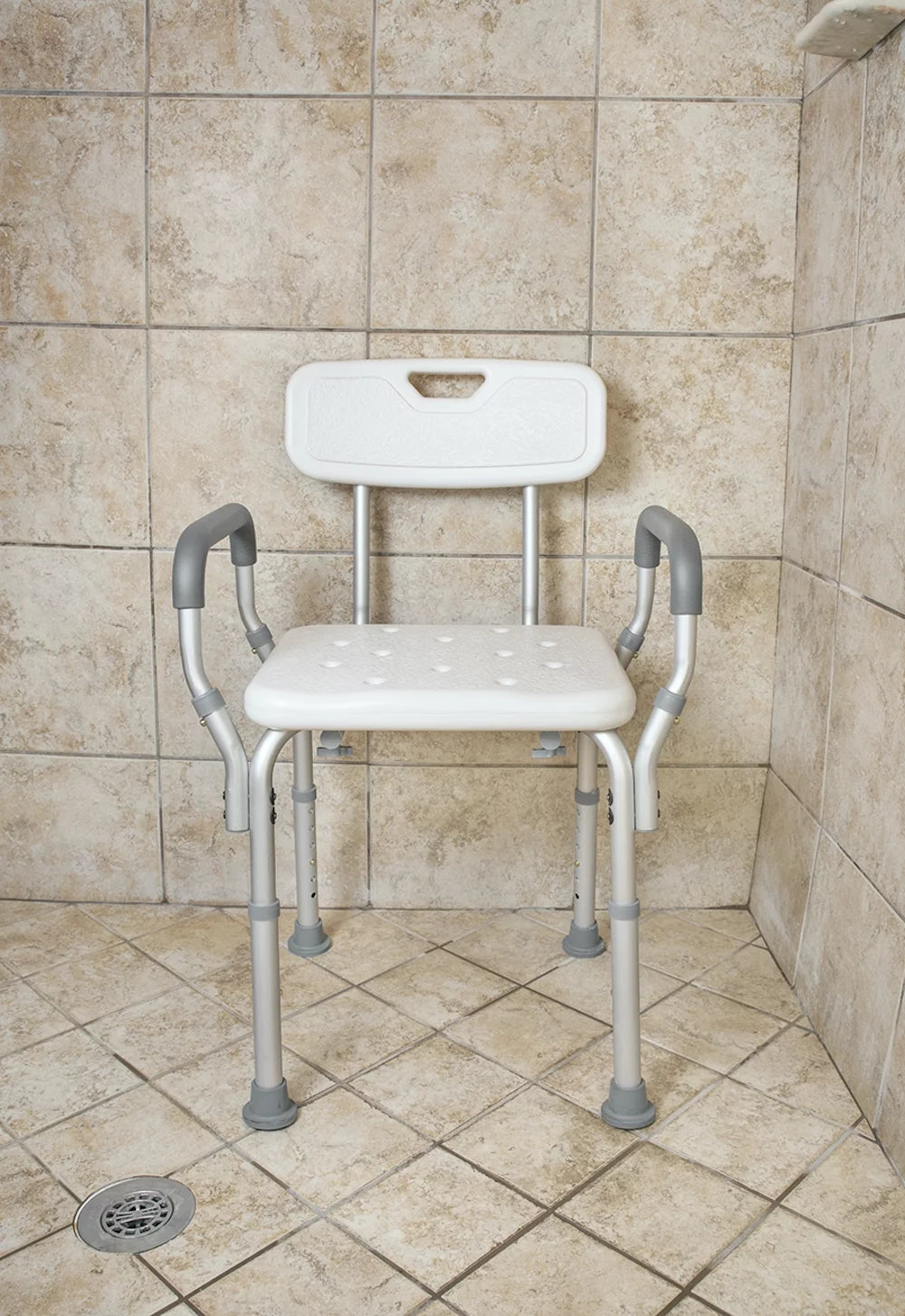 Height Adjustable Molded Shower Chair with Textured Bath Seat, Padded Arms & Back and 300Lb Weight Capacity