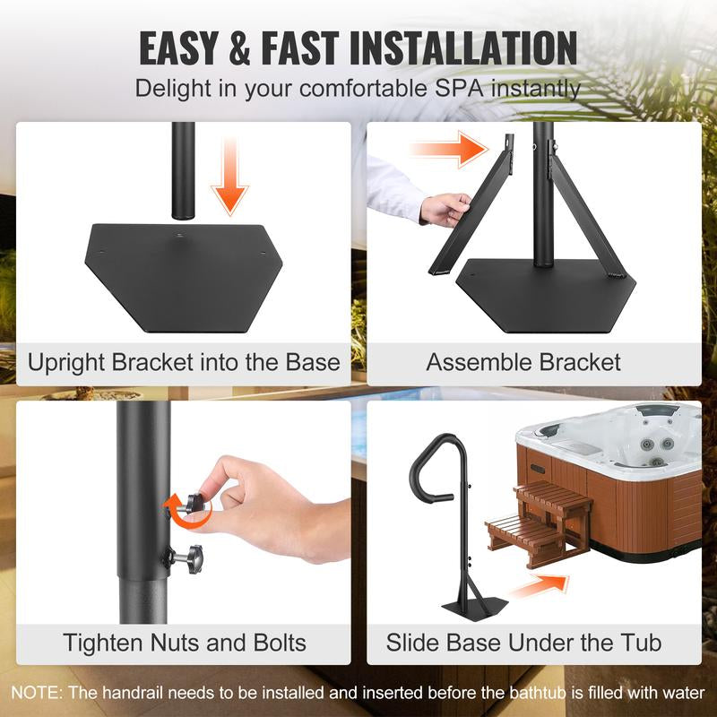 VEVOR Hot Tub Handrail, 360 Rotatable Spa Side Handrail with 48"-63" Adjustable Height, Rust-Proof Aluminum Spa Step Hot Tub Hand Rail with Slide-Under Mount Base for Indoor & Outdoor, 600LBS Capacity Stainless Steel