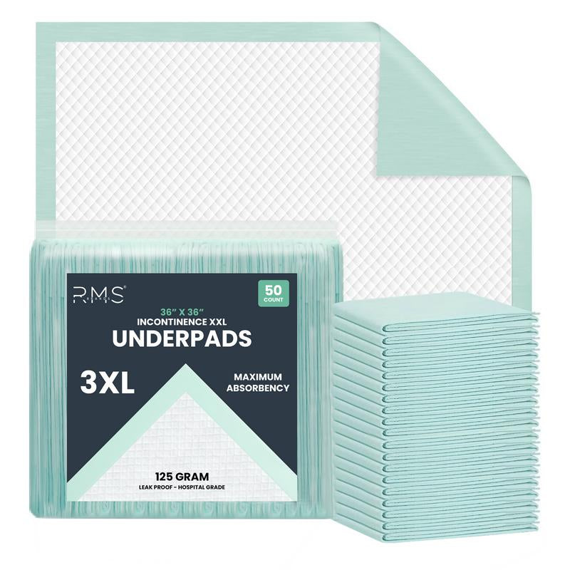 RMS BRANDS Heavy Incontinence Hospital Grade Underpads XXL – 36" X 36", 125G | Extra Absorbent Bed Pads for Adults, Seniors & Medical Use