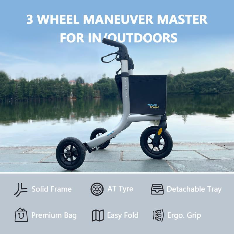 Lightweight 3-Wheel Rollator Walker for Seniors - Foldable Design with Detachable Tray, Storage Bag, and 6 Height Adjustments - Smooth 10'' Wheels with Hidden Brake Line