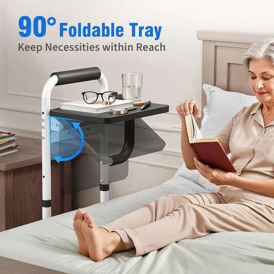 Height Adjustable Bed Rails with Non-Slip Handle and Foldable Tray for Elderly Safety up to 350Lbs, for King/Queen/Full/Twin Bed