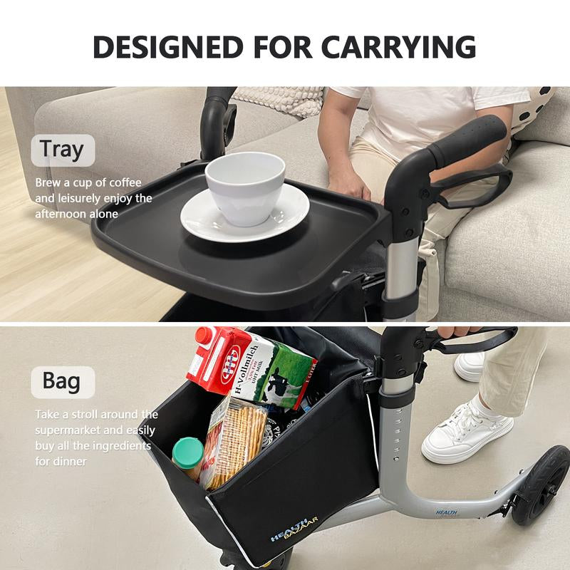 Lightweight 3-Wheel Rollator Walker for Seniors - Foldable Design with Detachable Tray, Storage Bag, and 6 Height Adjustments - Smooth 10'' Wheels with Hidden Brake Line