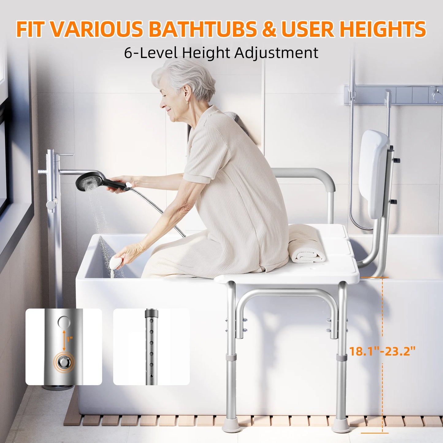 Shower Transfer Bench for Bathtub 500Lbs, FSA/HSA Eligible Tub Bath Shower Chair Seat, Height Adjustable Shower Stool for Elderly, Disabled, White