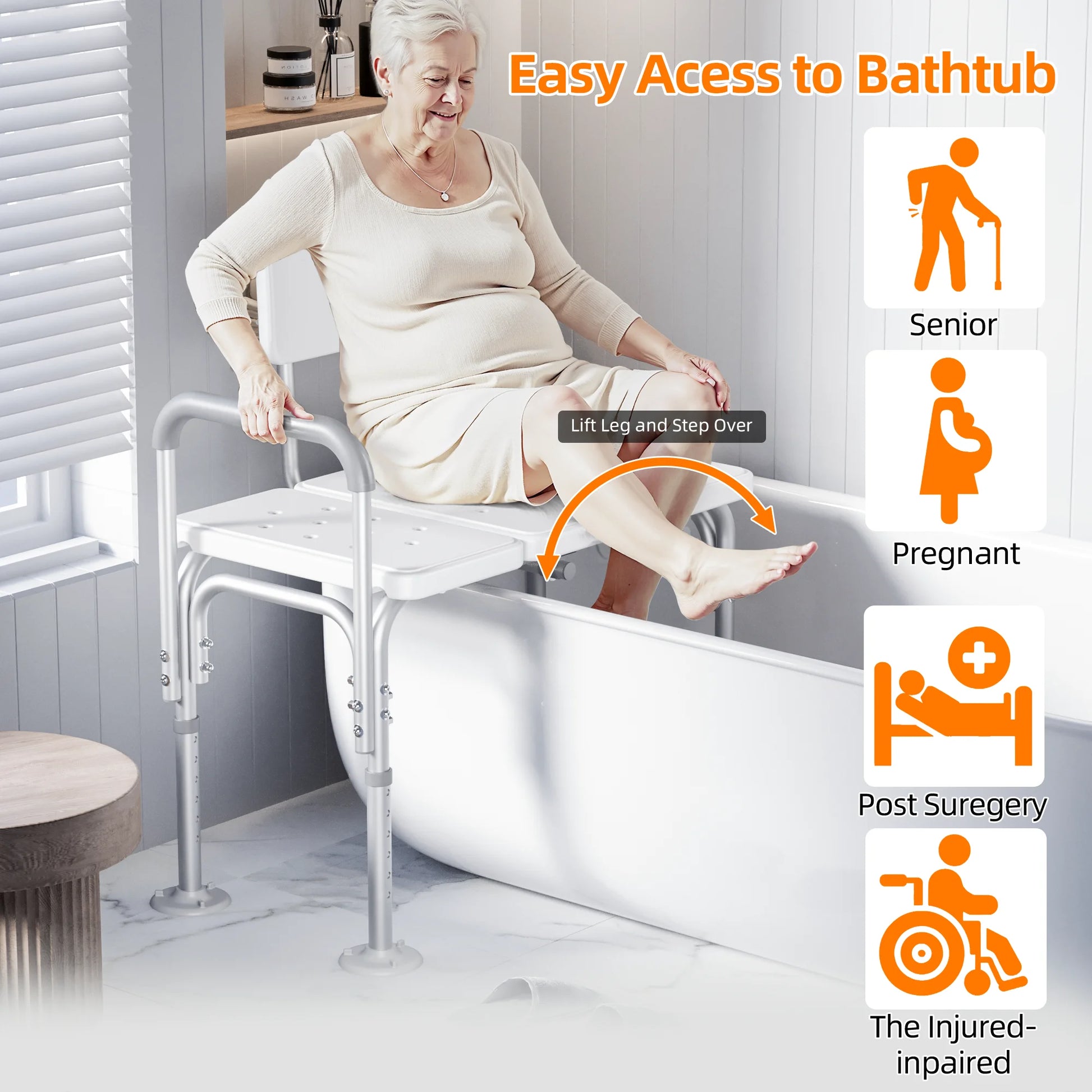 Shower Transfer Bench for Bathtub 500Lbs, FSA/HSA Eligible Tub Bath Shower Chair Seat, Height Adjustable Shower Stool for Elderly, Disabled, White