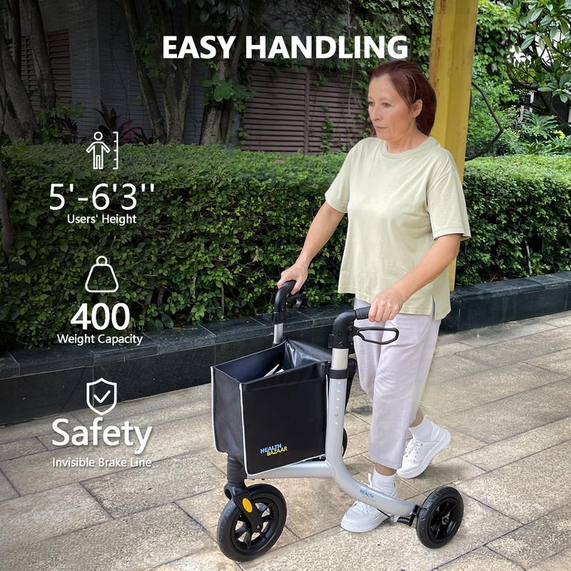 Lightweight 3-Wheel Rollator Walker for Seniors - Foldable Design with Detachable Tray, Storage Bag, and 6 Height Adjustments - Smooth 10'' Wheels with Hidden Brake Line