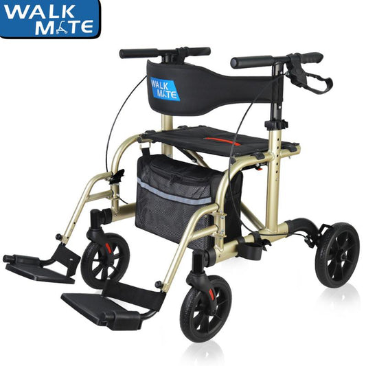 2 in 1 Rollator Walker Transport Chair for Seniors, 10” Wheels Medical Rollator for Seniors with Widen Seat Backrest
