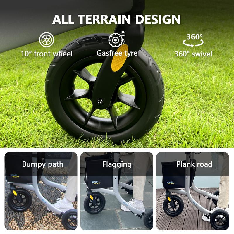 Lightweight 3-Wheel Rollator Walker for Seniors - Foldable Design with Detachable Tray, Storage Bag, and 6 Height Adjustments - Smooth 10'' Wheels with Hidden Brake Line