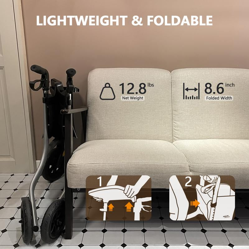 Lightweight 3-Wheel Rollator Walker for Seniors - Foldable Design with Detachable Tray, Storage Bag, and 6 Height Adjustments - Smooth 10'' Wheels with Hidden Brake Line