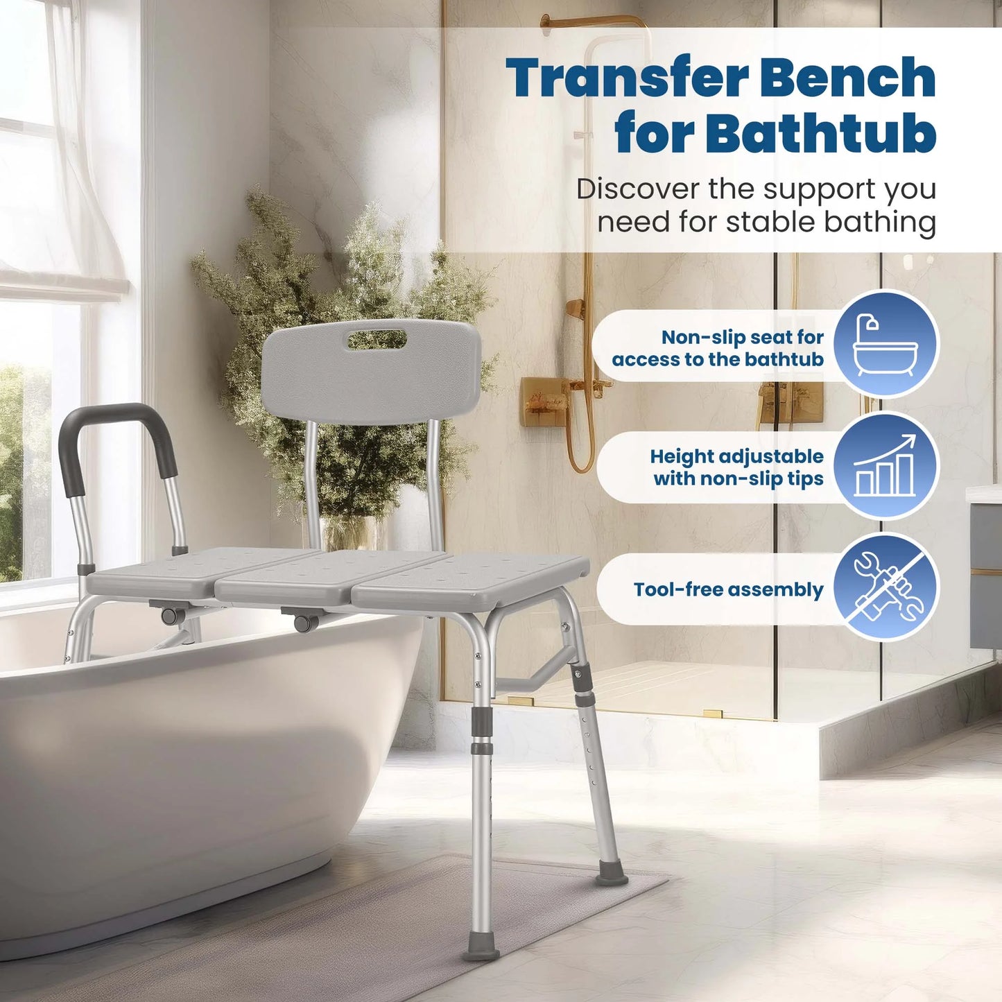 Transfer Bench for Bathtub, Height Adjustable Shower Bench Seat with Backrest, Bath Chair for Seniors, 300 Weight Capacity