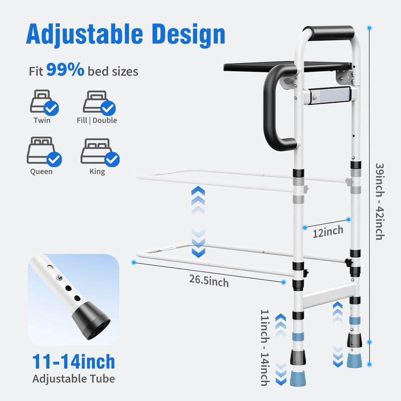 Height Adjustable Bed Rails with Non-Slip Handle and Foldable Tray for Elderly Safety up to 350Lbs, for King/Queen/Full/Twin Bed