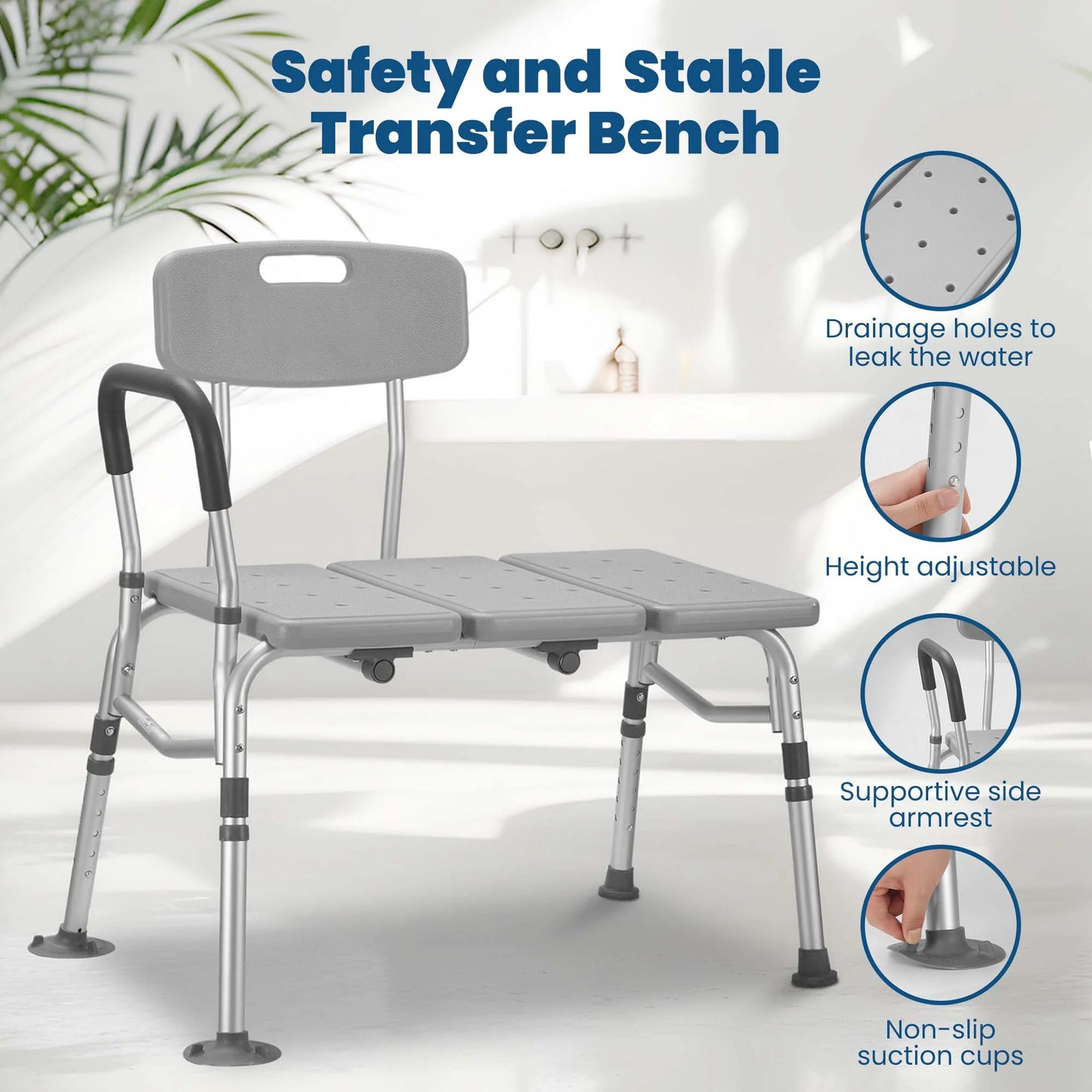 Transfer Bench for Bathtub, Height Adjustable Shower Bench Seat with Backrest, Bath Chair for Seniors, 300 Weight Capacity