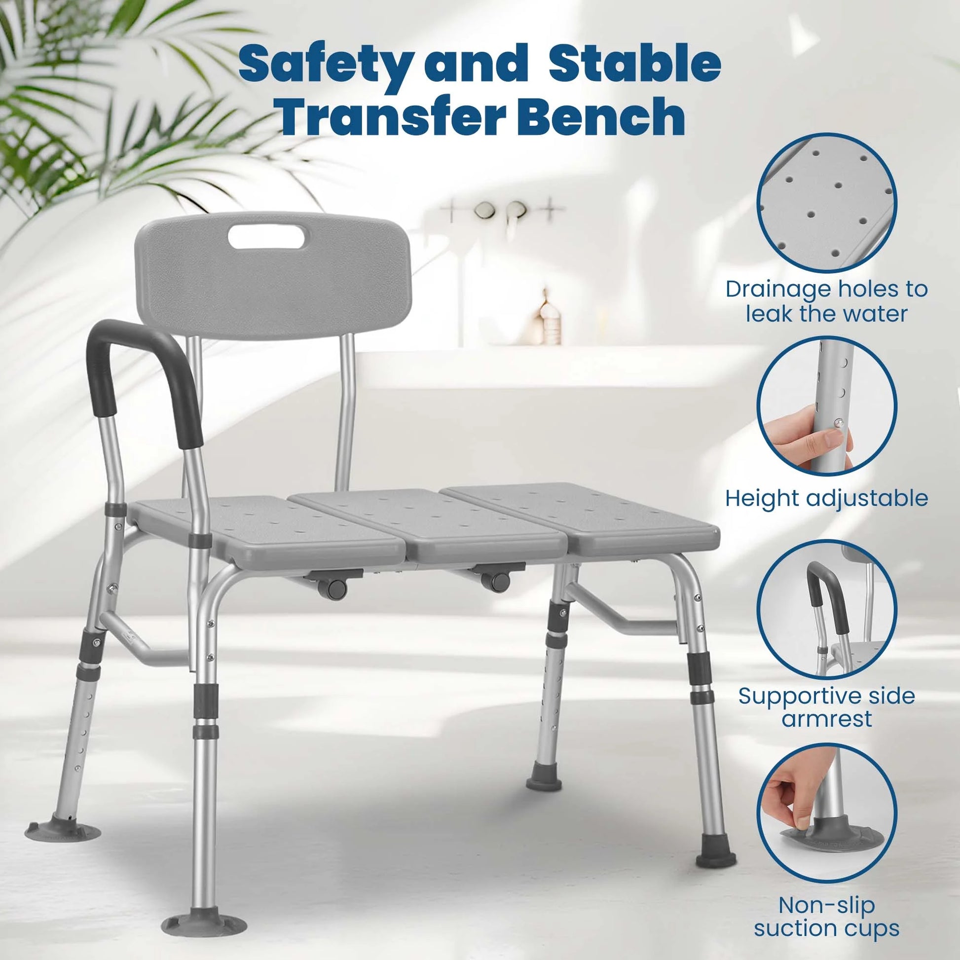 Transfer Bench for Bathtub, Height Adjustable Shower Bench Seat with Backrest, Bath Chair for Seniors, 300 Weight Capacity
