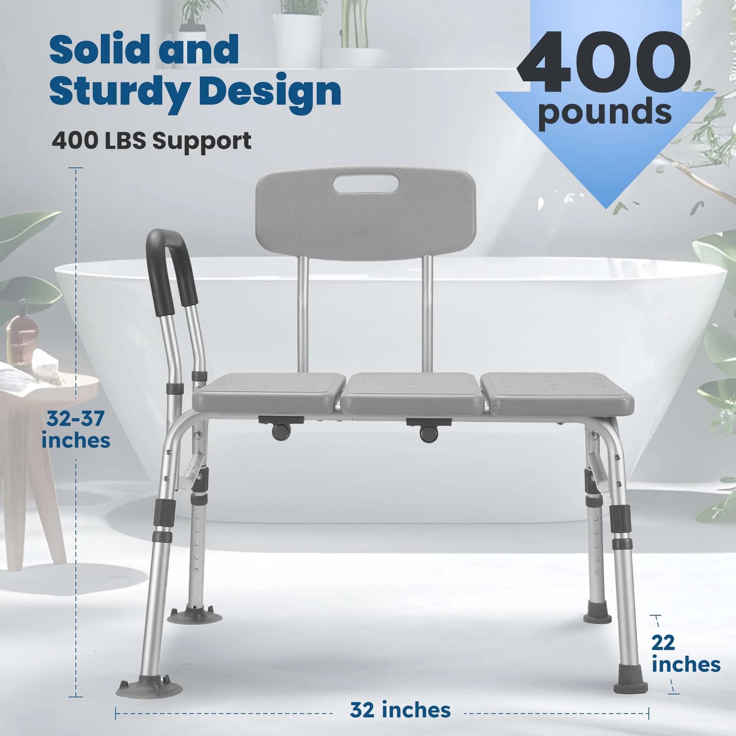 Transfer Bench for Bathtub, Height Adjustable Shower Bench Seat with Backrest, Bath Chair for Seniors, 300 Weight Capacity