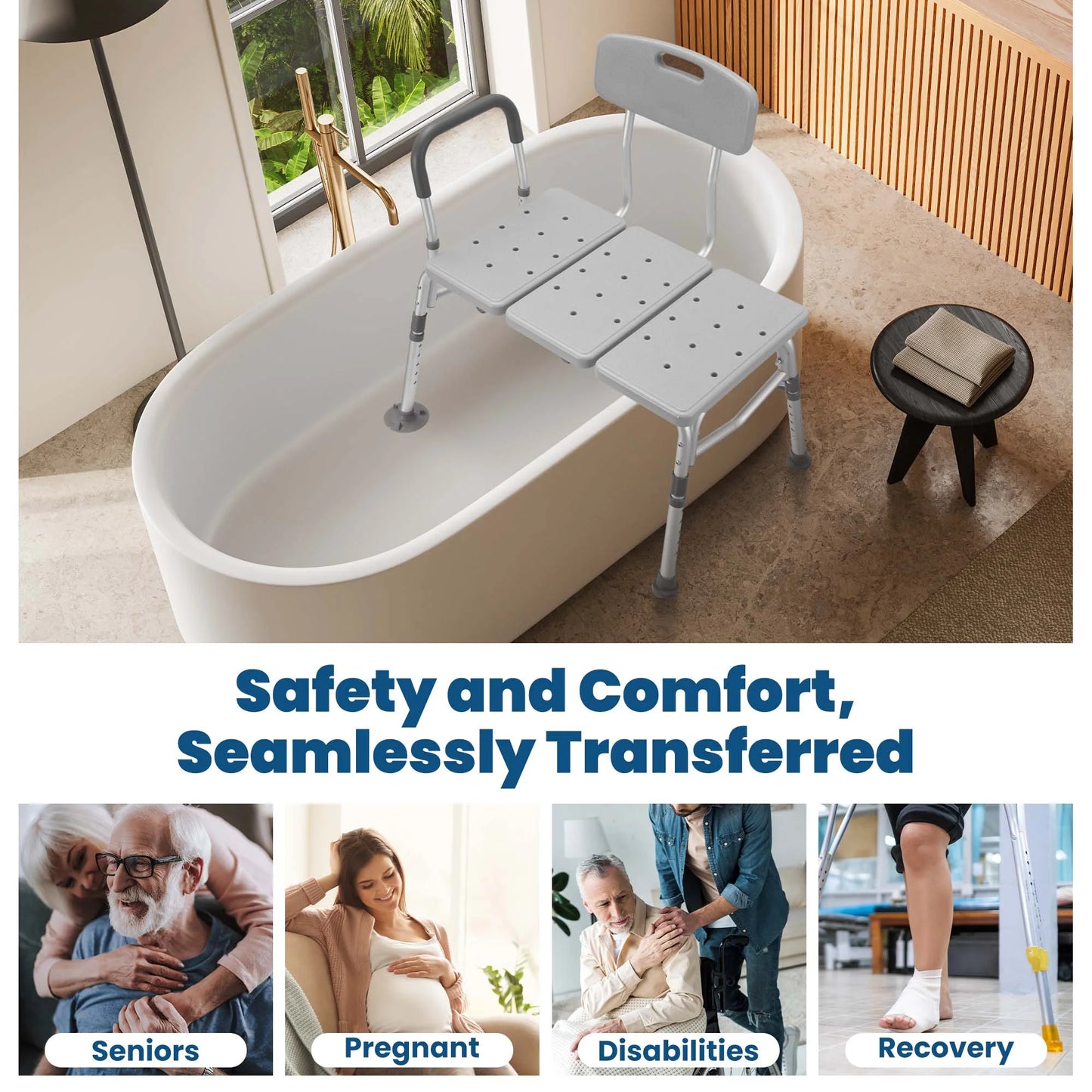 Transfer Bench for Bathtub, Height Adjustable Shower Bench Seat with Backrest, Bath Chair for Seniors, 300 Weight Capacity