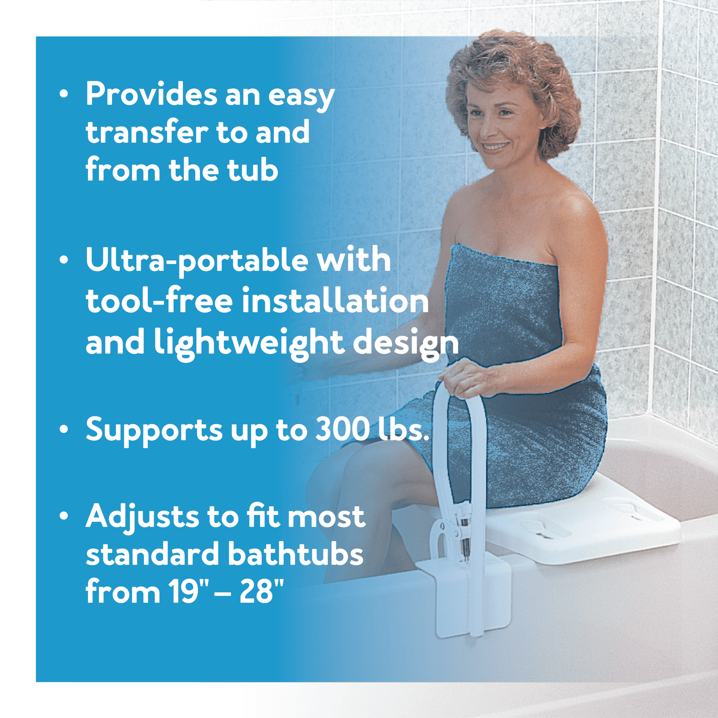 Adjustable Bath Transfer Bench with Safety Handles, Comfortable Seat, Fits Most Bathtubs, 300 Lb Capacity